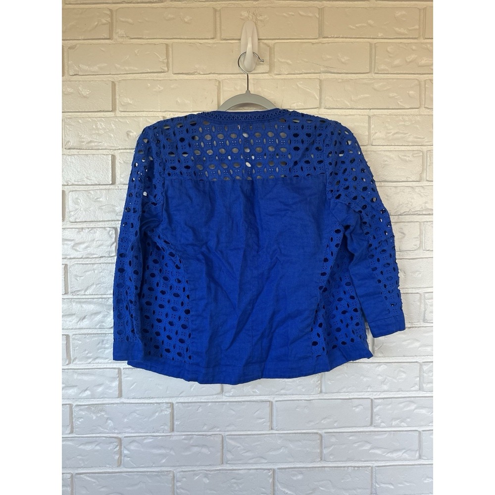 Chico's 0 Linen Eyelet Crochet Jacket Royal Blue Open Front 3/4 Sleeve Boho Chic - Picture 2 of 7